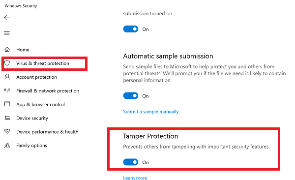 Disable Enable Tamper Protection Windows 10 UI Method