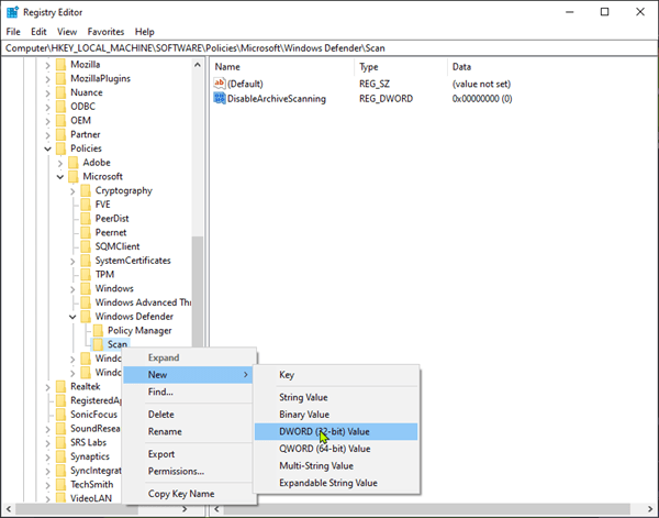 Configure Windows Defender to scan archive files via Registry Editor Windows 10