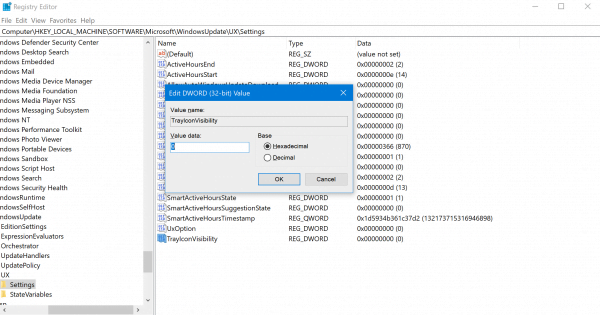 TrayIconVisibility Registry Editor Windows Update Status 1