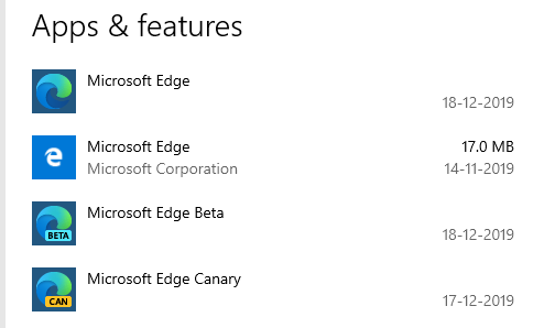 Microsoft Edge Legacy Stable Beta Canary Installed