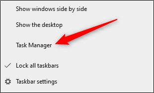 Task Manager option from the task bar menu