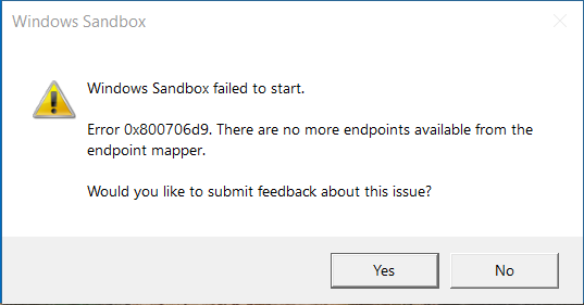 Windows Sandbox báo lỗi 0x800706d9 khi khởi động