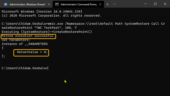 Create a Restore Point using Command Prompt PowerShell 1